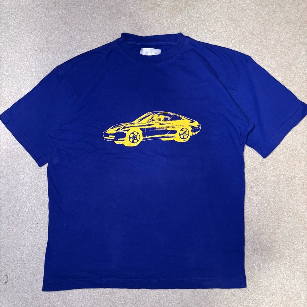 Porsche Yellow Sports Car Authentic Blue T-Shirt Mens T-Shirt Size XL